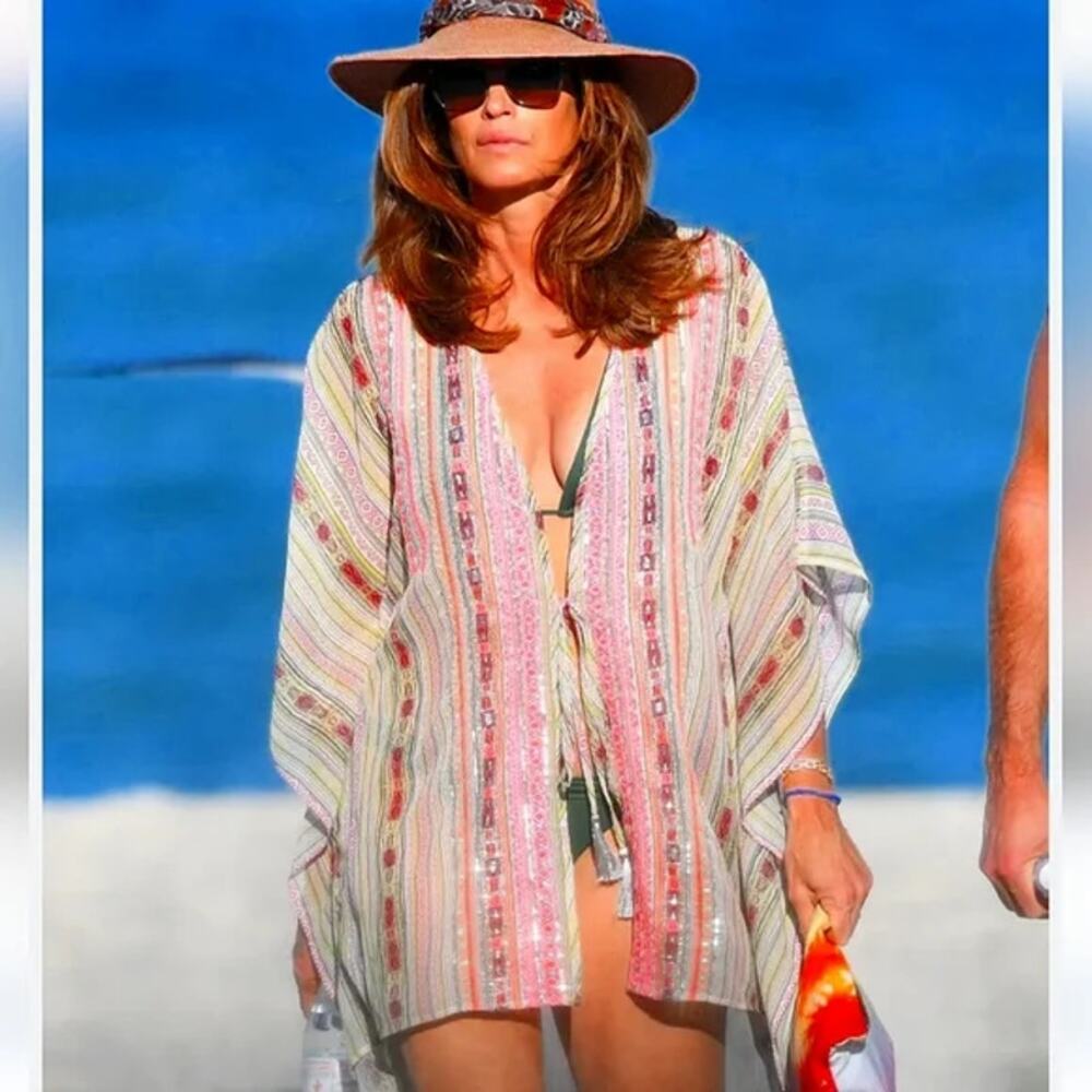 Ramy‎ Brook Swim Coverup Womens M/L Ciro Geometric Striped Chiffon Beaded